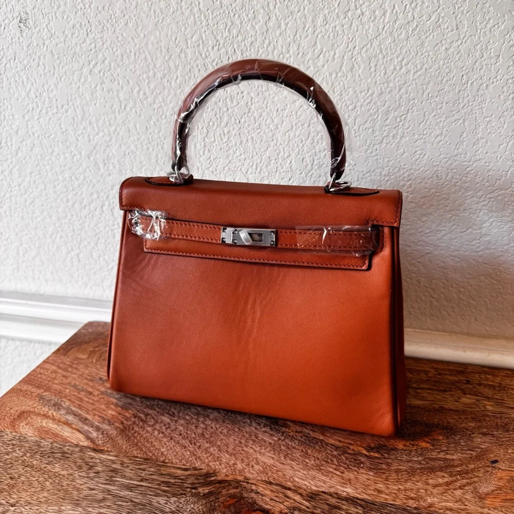LEATHER INSIDE & OUT | Tan Orange 25 KL Belted Satchel Bag Dual Wide Strap B4 - Picture 2 of 13